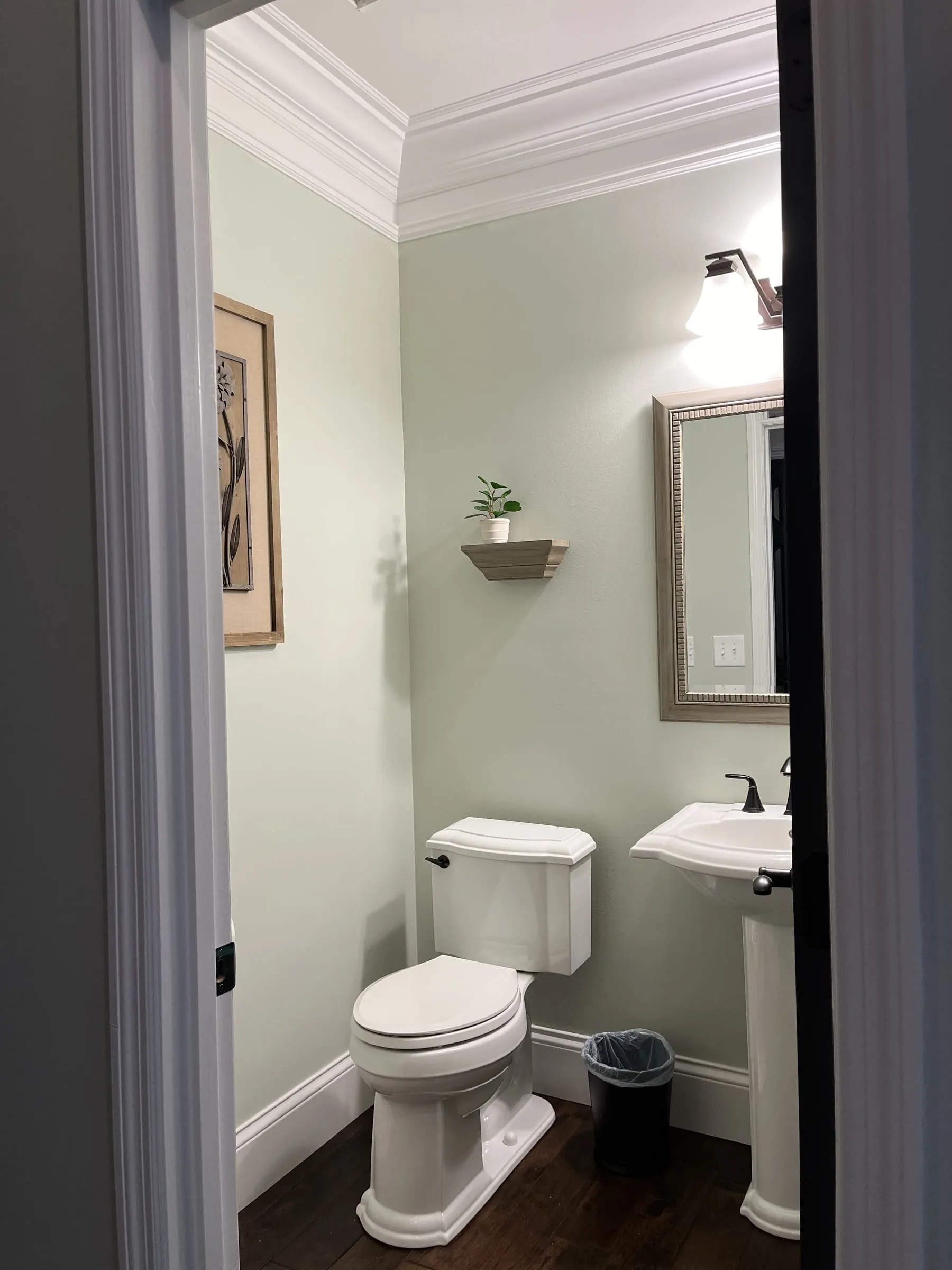 Powder room in a soft sage green with crisp white trim